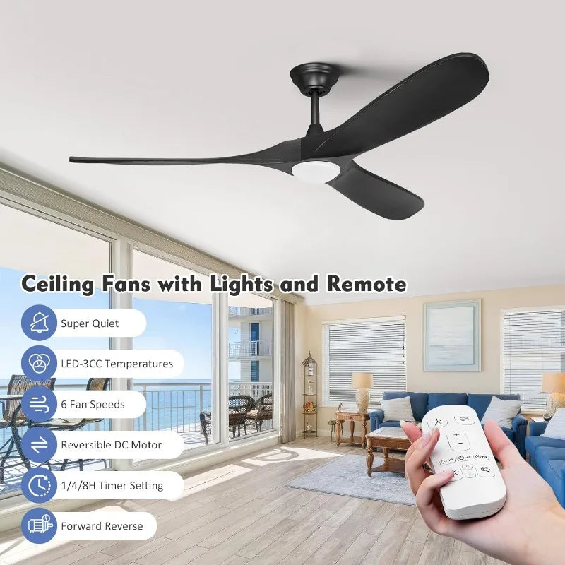 60 Inch Black Ceiling Fan with Light and Remote,Outdoor Ceiling Fan for Patios with Light,Quiet Reversible DC Motor