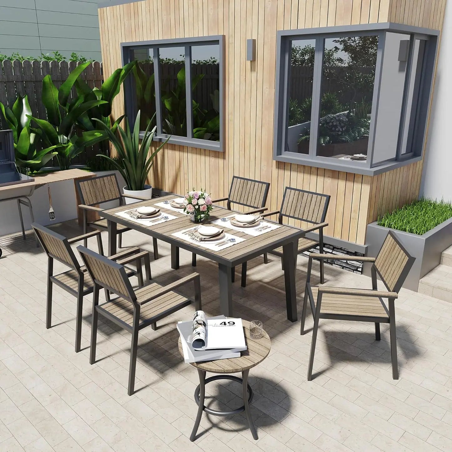 8-Piece Outdoor Dining Set, Patio Furniture Set with Walnut Plastic-Wood Table Top & 6 Stackable Chairs