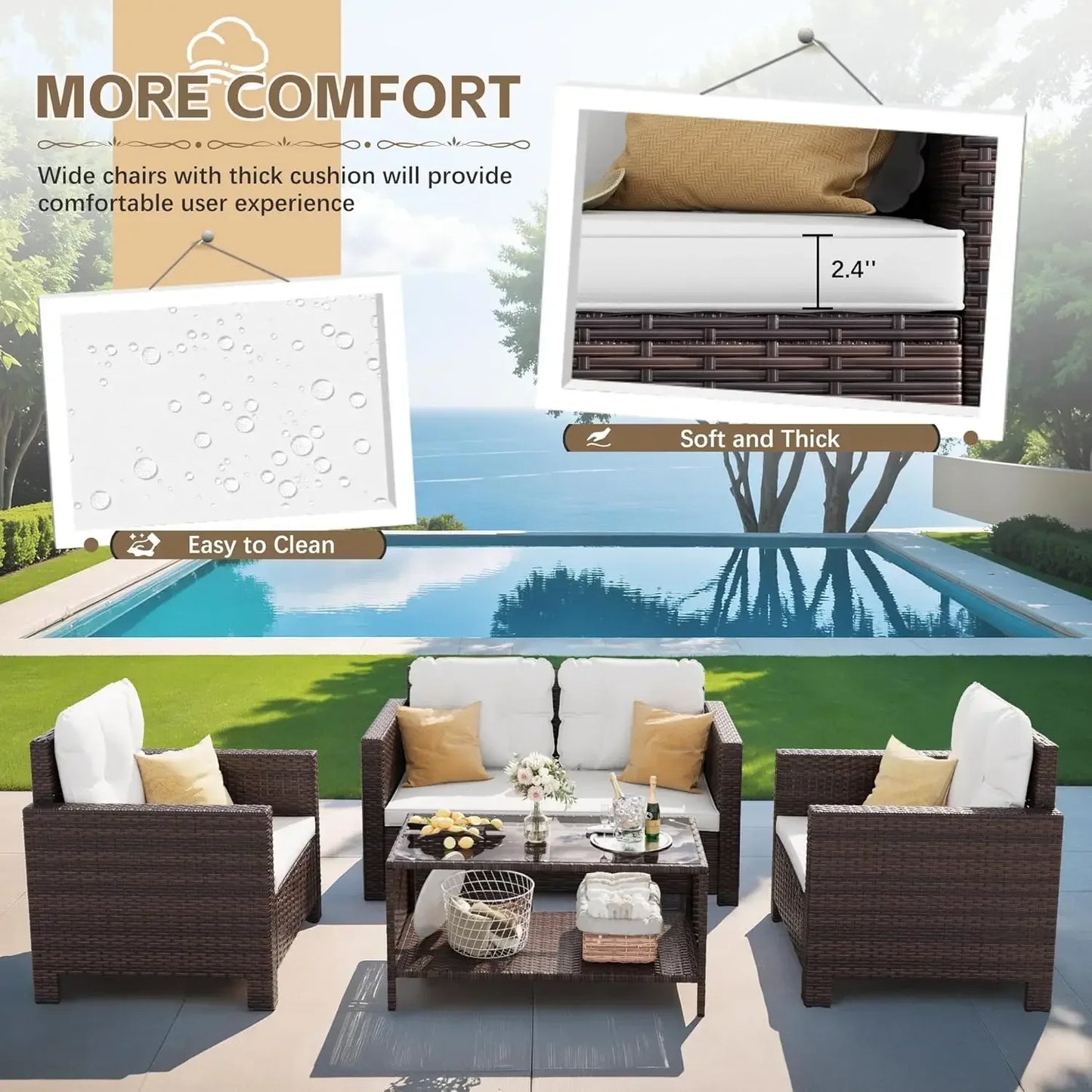 4 Pieces Patio Furniture Sets Rattan Chair Wicker Conversation Sofa Set, Outdoor Indoor Backyard