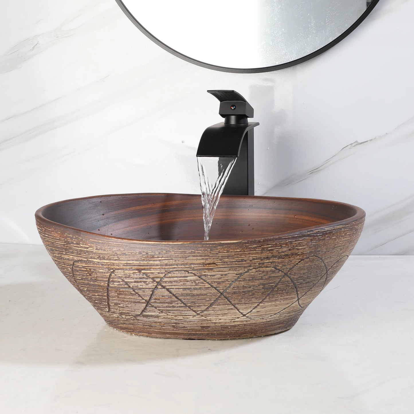 KEMAIDI Ceramic Vessel Sink with Faucet and Drain Combo Brown Bathroom Sink Above Counter Oval Sinks Bowl Artist Porcelain Basin