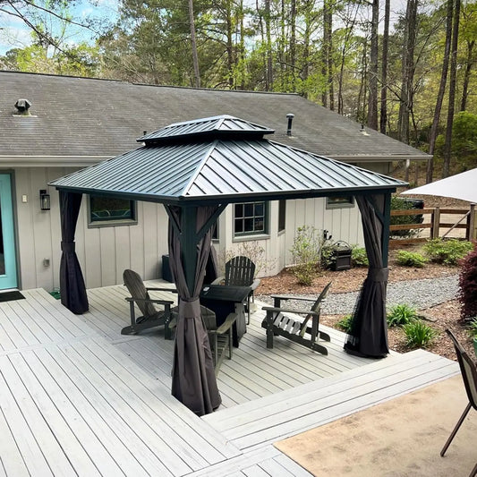 10' X 12' Hardtop Gazebo, Aluminum Metal Gazebo with Galvanized Steel Double Roof Canopy, Curtain and Netting, Backyard, Deck