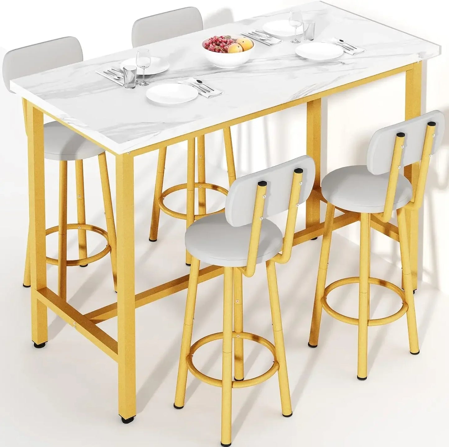 43.3” Dining Table Set, Rectangle Pub Bistro Dining Set Kitchen Table Set Bar Table, 5-Piece, Metal Frame with Backrest Stools