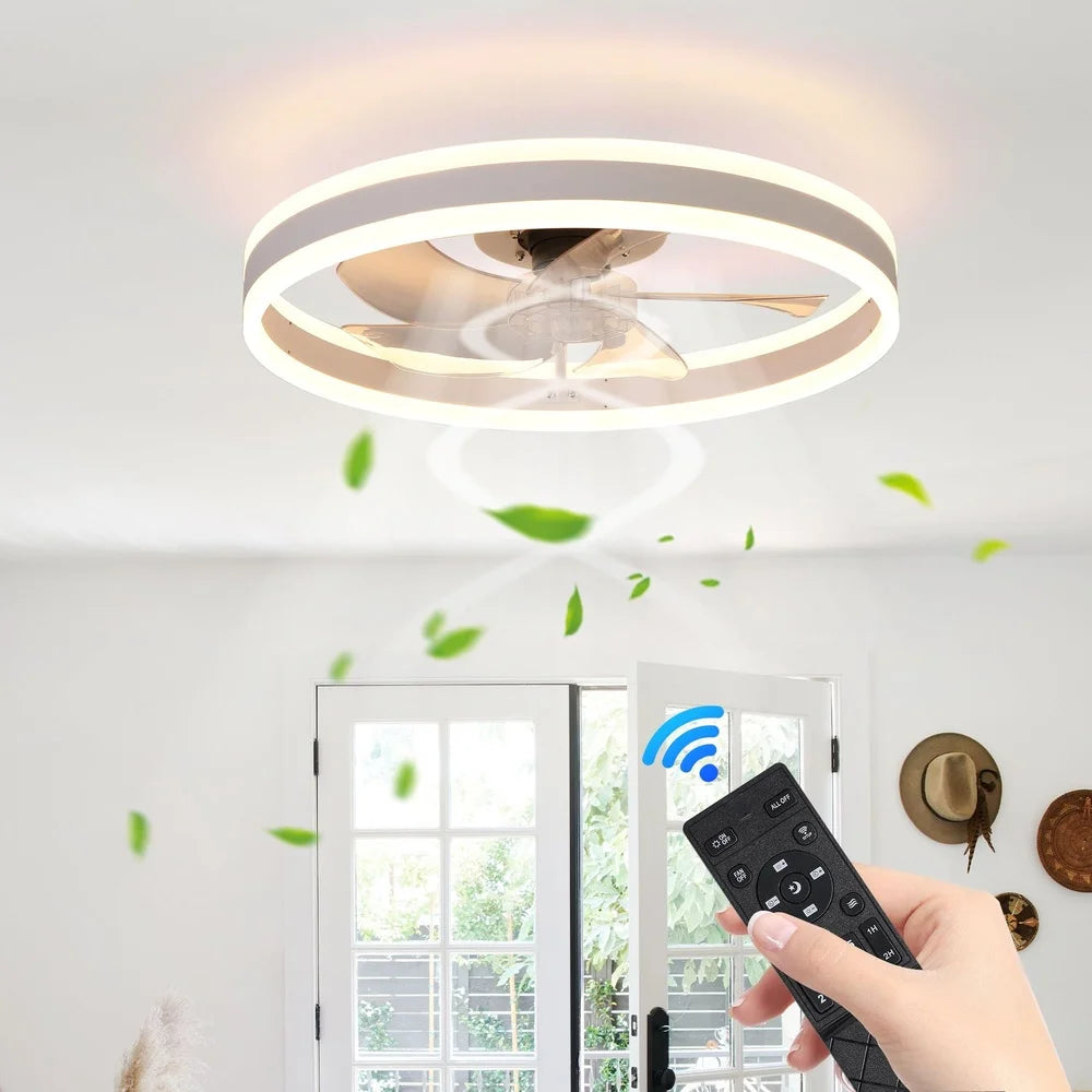 20 Inch Bladeless Ceiling Fan with Remote Dimmable LED Light 6 Speed Control Quiet Motor Energy Efficient Flush Mount Design