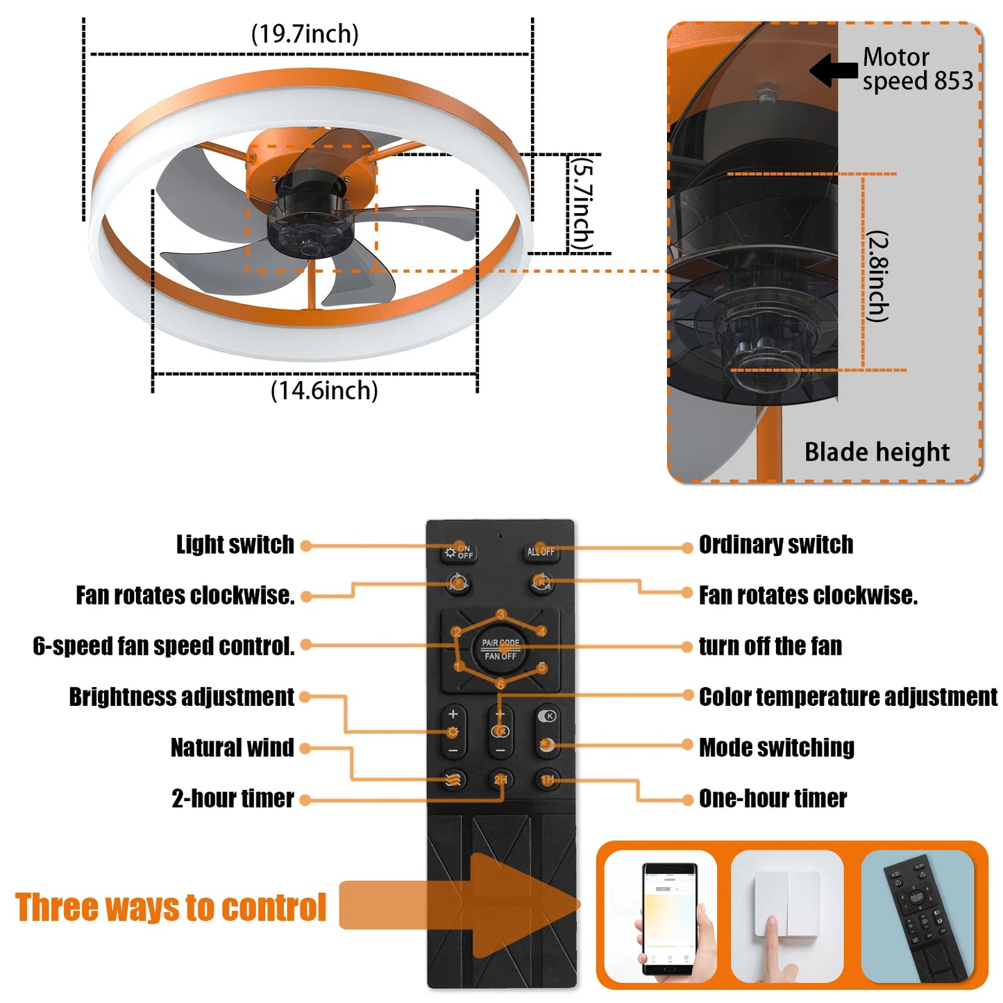 Orange Modern Ceiling Fan with LED Light, Low-Profile Flush Mount,6-Speed Adjustable, Ideal for Bedroom and Living Room