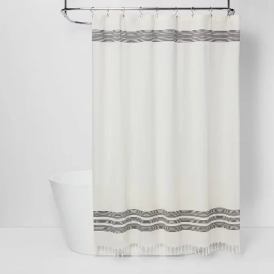 Striped Tassel Shower Curtain (Off-White) - Cotton Fabric, Modern Bathroom Decor, Buttonhole Top
