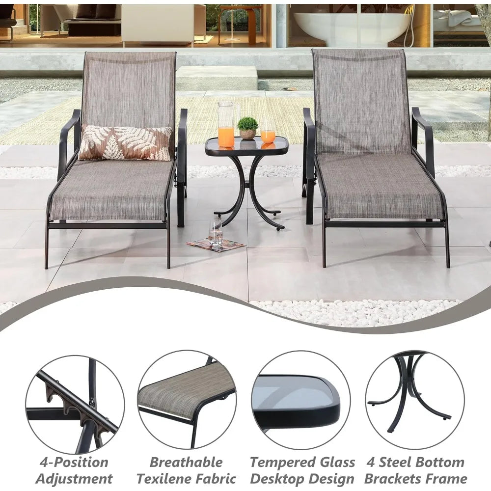 3 Pcs Chaise Lounge Set of 2 Patio Chairs with Adjustable Backrest in 4 Reclining Levels and 1 Metal Bistro Table with Tempered