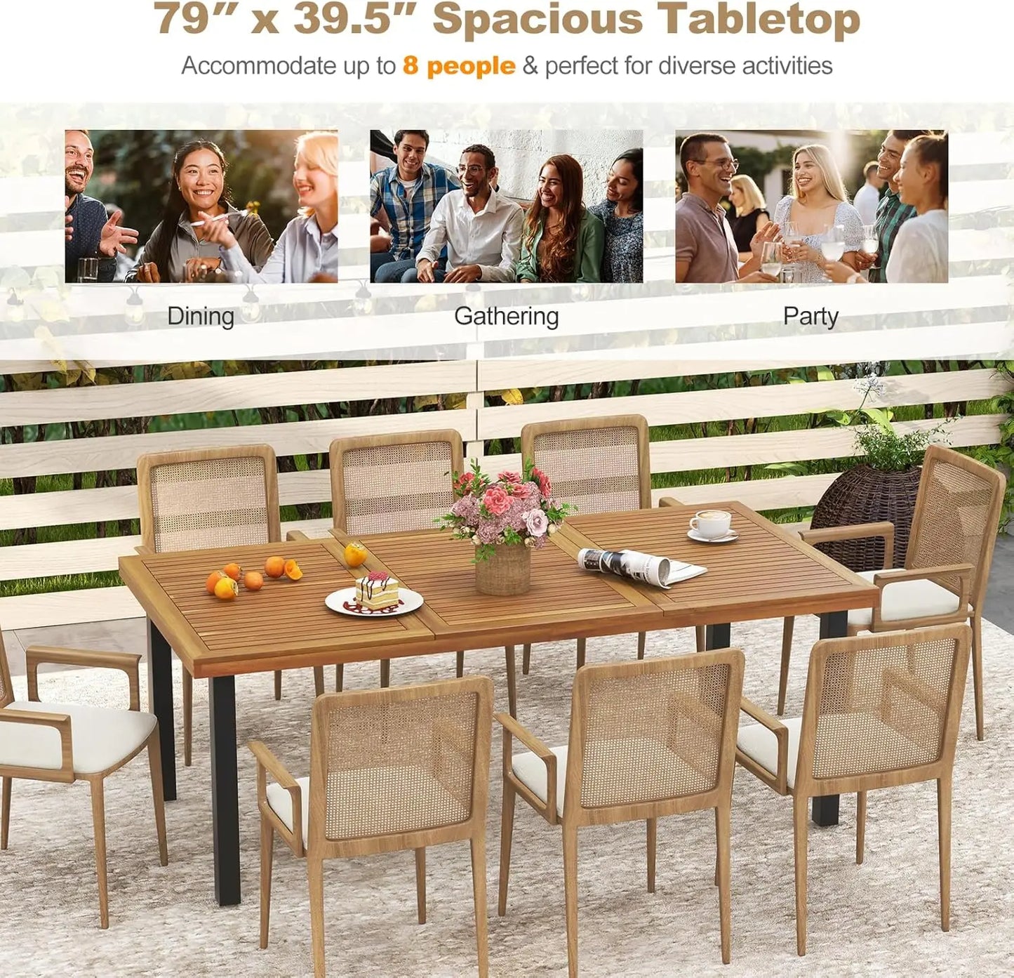 79 Inch Acacia Wood Dining Table,  Patio Table for Outdoors & Indoors, Rustic Rectangular Bistro Table with 1.9” Umbrella Hole