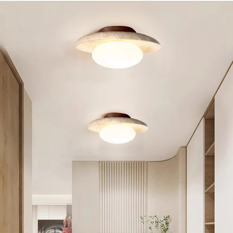 IWHD Nordic Modern Ceiling Lamp Wood Yellow Travertine LED Ceiling Light For Home Decoration Aisle Stair Bar Lámparas Para Techo