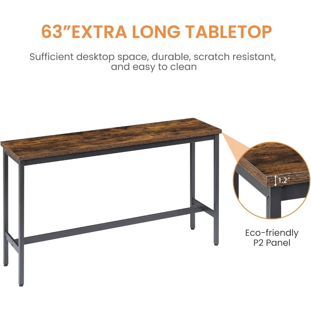 63" L Bar Table and Chairs Set for 3, 4 Piece Long Rectangle Pub Bistro Table with 3 PU Upholstered Bar Stools, Counter Height D