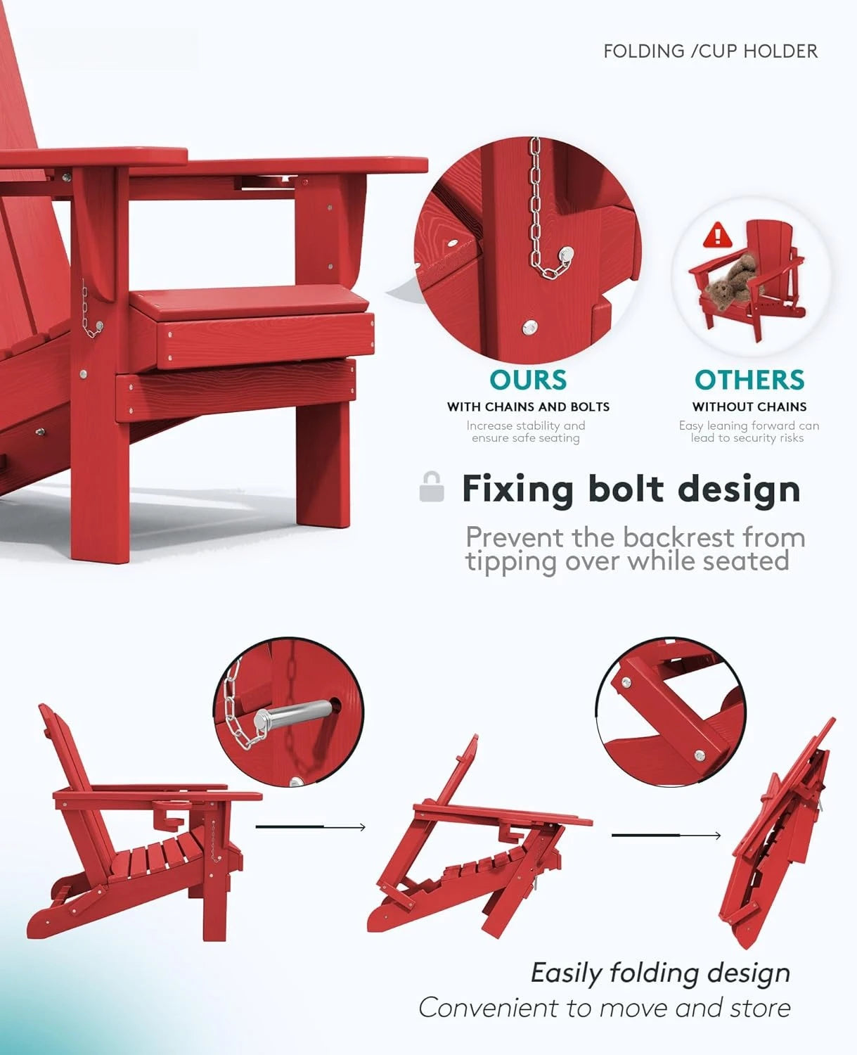 Adirondack Chair with Cup Holders - Composite Adirondack Chairs Set of 8 HDPE Outdoor Chairs All Weather Use- Light Red