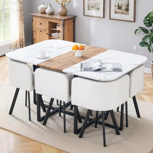 Modern Dining Table Set for 6, 60.2" Dinner Table Set for 6, White Faux Marble Tabletop with Sturdy Metal Legs, 6 Compact Design