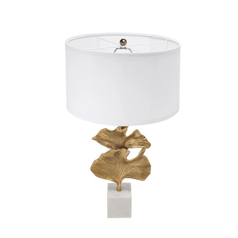 Aluminum Artistic Drum Drum shade Fabric Home Lamp Marble Shade Table D17x30.2 Gold Ginkgo Leaf Table Lamp with Marble Base and