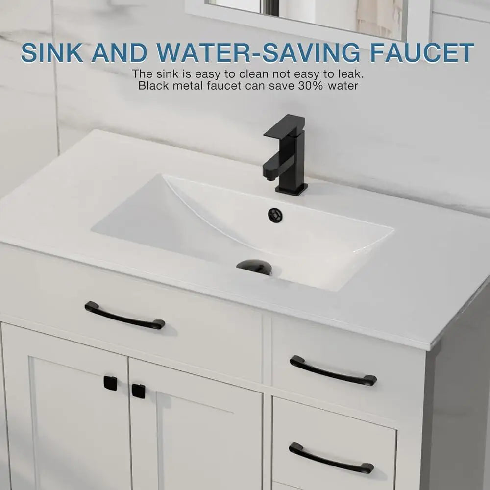 36 Inch Bathroom Vanity Sink Combo Modern Storage Cabinet with Ceramic Sink Durable MDF 2 Doors 3 Drawers Easy Assembly