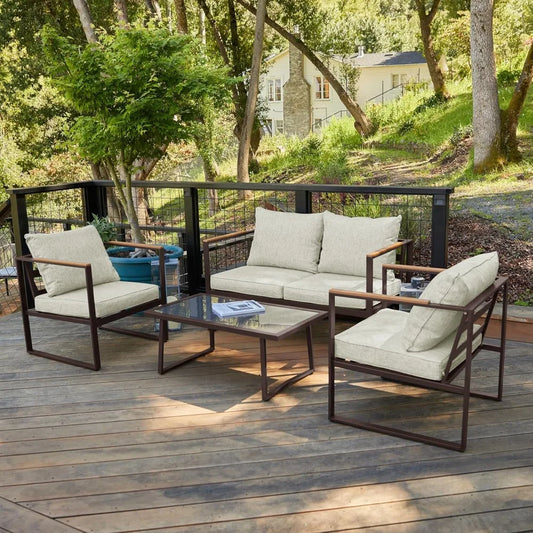 patio furniture set, 4-piece outdoor patio set with sofa, removable & washable deep seating cushion, tempered glass table, outs