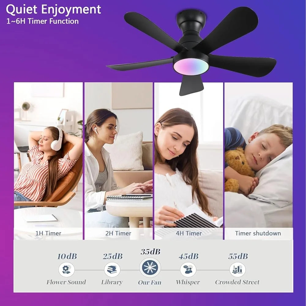 36inch Ceiling Fan with Lights Remote Control Reversible DC Motor RGB Dimmable Flush Mount Fan Indoor Outdoor Spaces