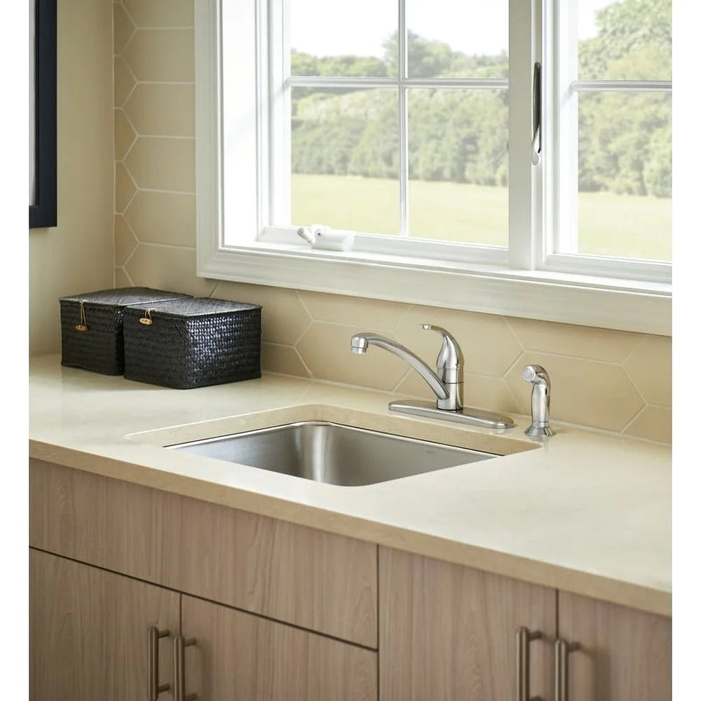 Classic One Handle Chrome Kitchen Faucet with Side Sprayer Low Arc Design Universal Fit ADA Compliant Easy Installation Modern