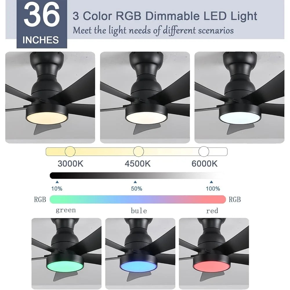 36inch Ceiling Fan with Lights Remote Control Reversible DC Motor RGB Dimmable Flush Mount Fan Indoor Outdoor Spaces