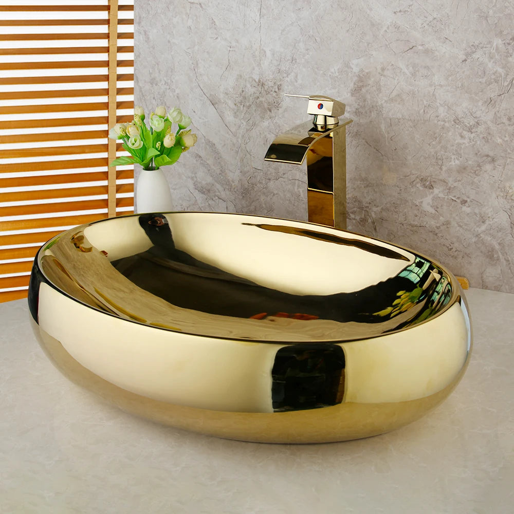 Torayvino Luxury Golden Ceramic Lavatory Sink Set Solid Brass Bathroom Tap Washbasin Basin Sink Set Bath Combine Mixer Faucet