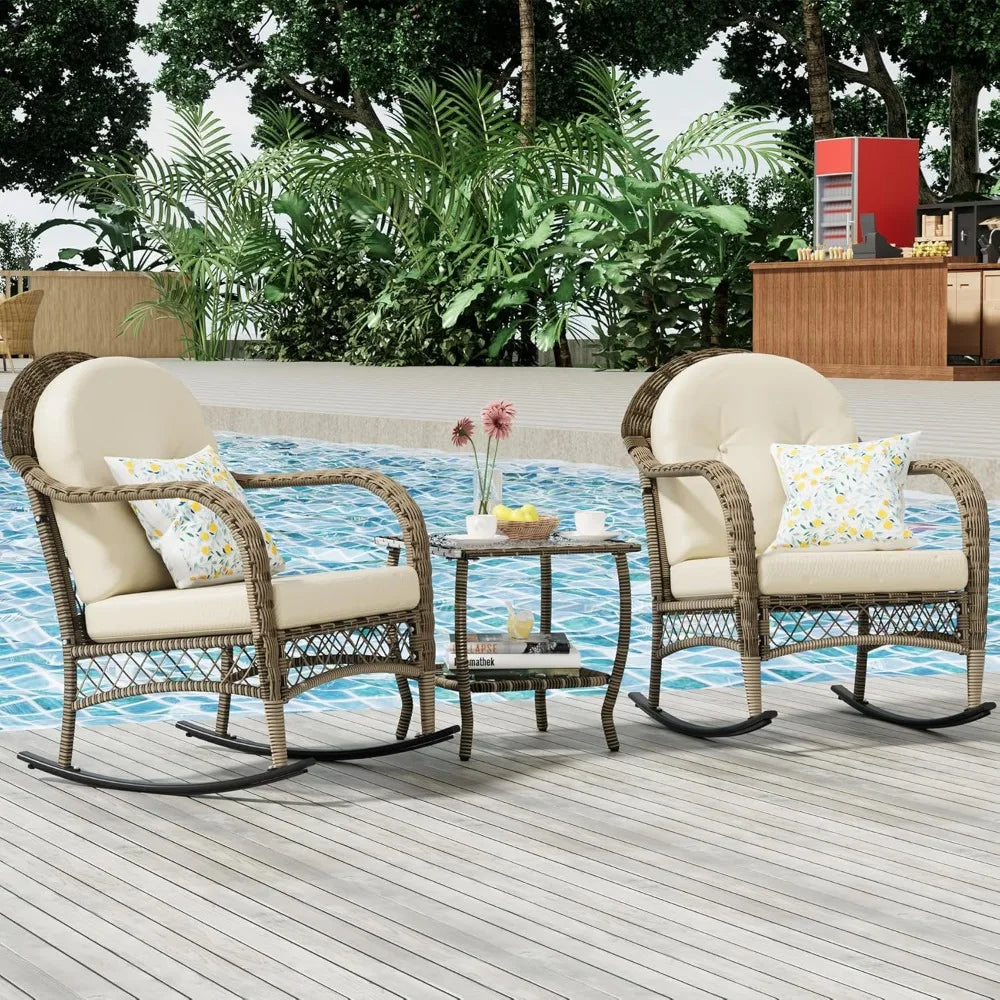 3 Pieces Patio Conversation Set, Lounge Rocking Chair with Cushion and Coffee Table, Wicker Bistro Set, Outdoor Furniture for Po