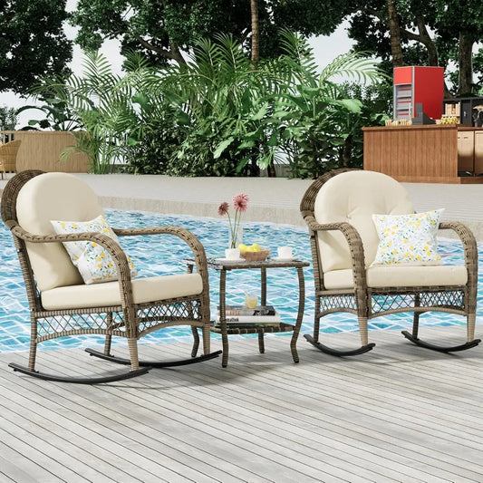 3 Pieces Patio Conversation Set, Lounge Rocking Chair with Cushion and Coffee Table, Wicker Bistro Set, Outdoor Furniture for Po