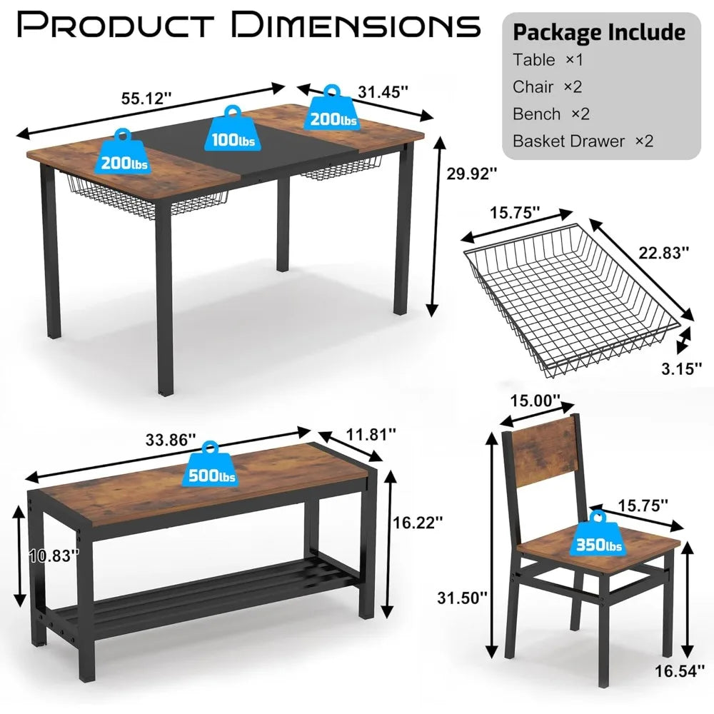 Dining Table Set for 4-6 People,Industrial Dining Table with 2 Benches and 2 Chairs,Kitchen Table Set with Storage Rack for Dini
