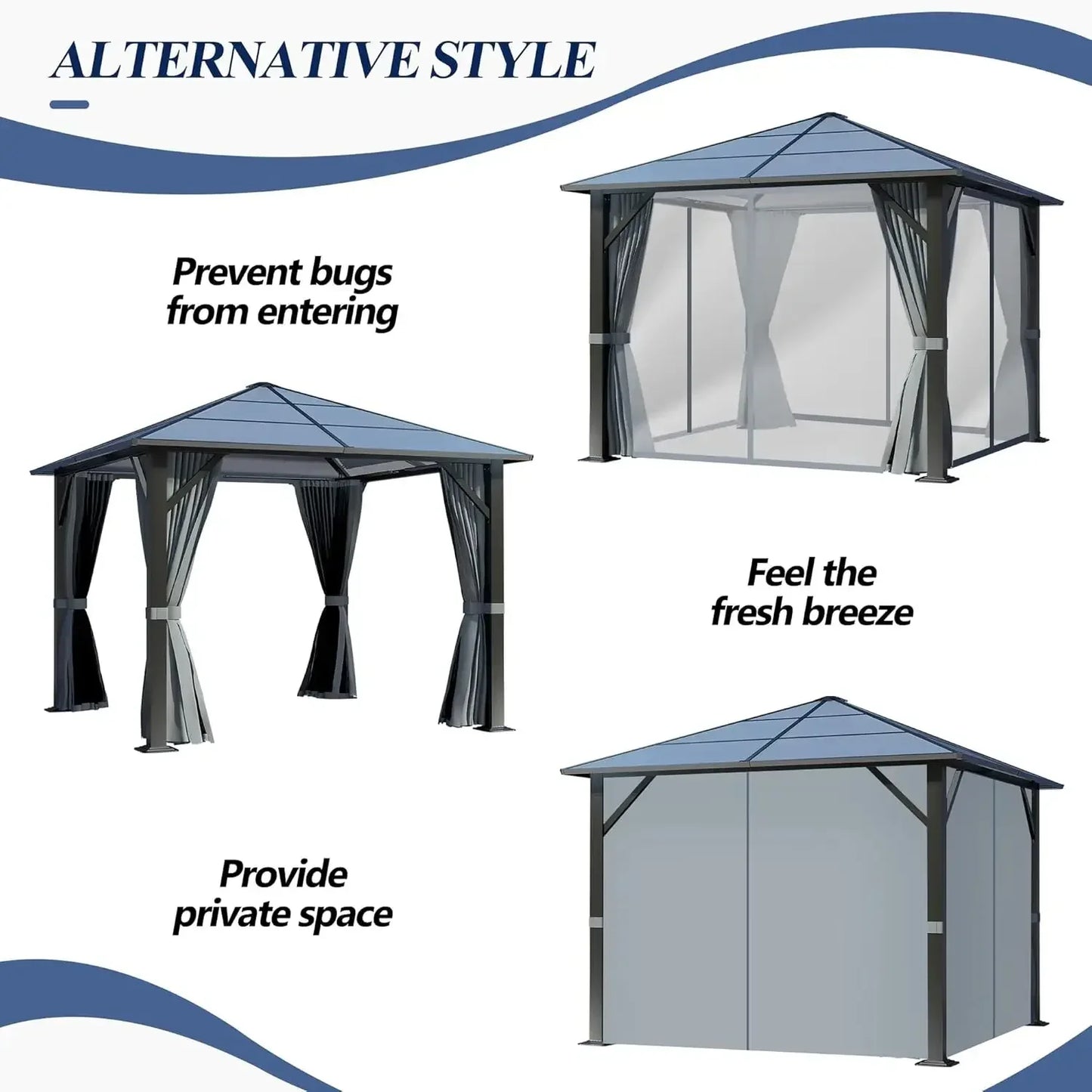 10’x10’ Patio Hardtop Gazebo with Polycarbonate Roof, Waterproof Outdoor Canopy Gazebo, Steel Frame Permanent Pavilion