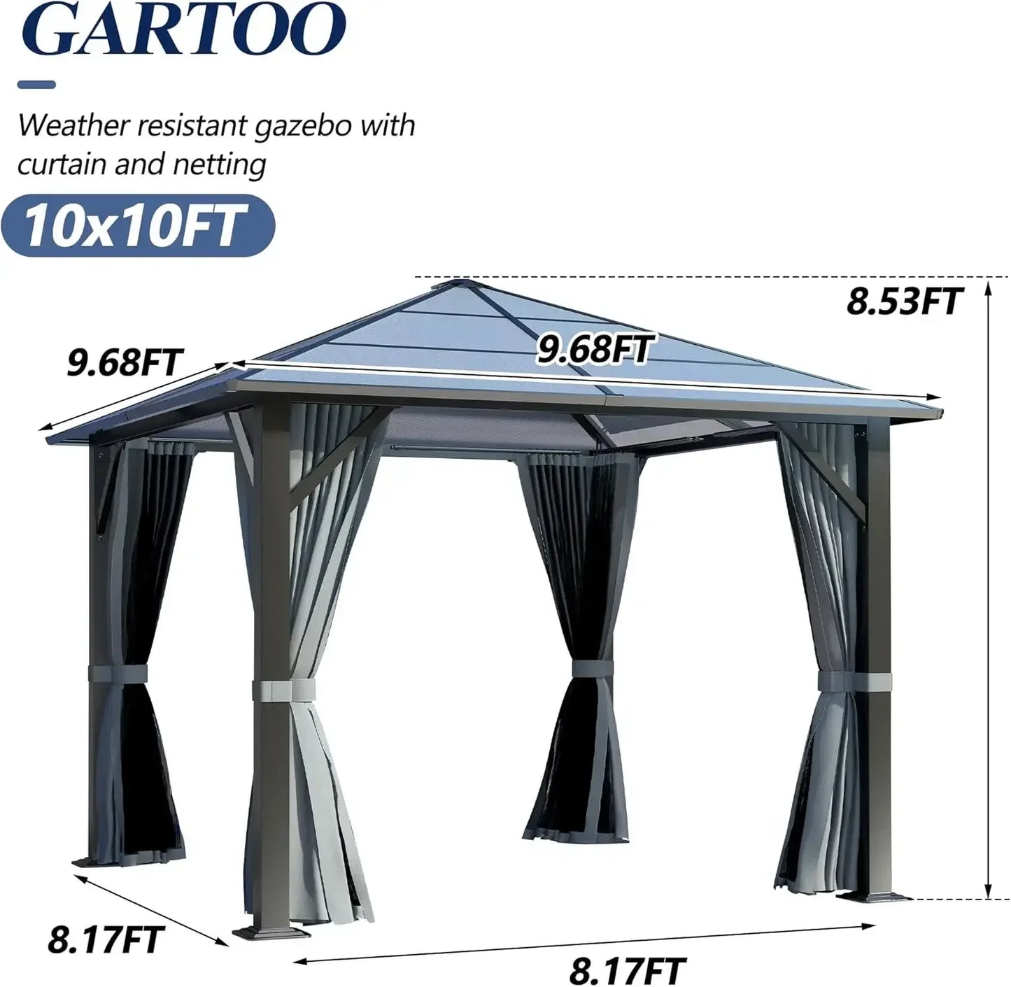 10’x10’ Patio Hardtop Gazebo with Polycarbonate Roof, Waterproof Outdoor Canopy Gazebo, Steel Frame Permanent Pavilion