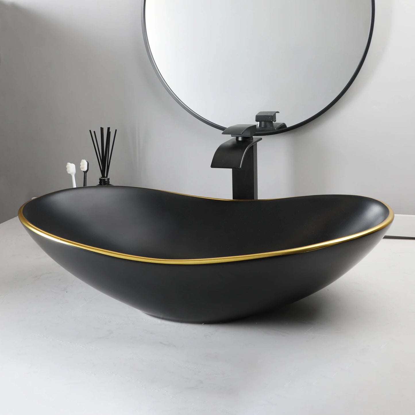 ZAPPO Matte Black Bathroom Sink Oval Large Porcelain Vessel Sink with Faucet Drain Combo Above Counter Wash Basin Sink bowl