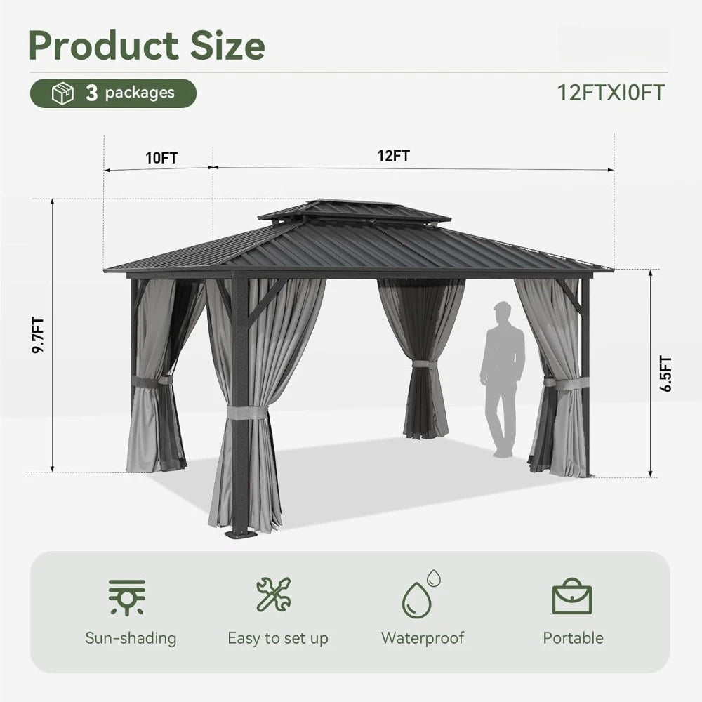 10'x12' Hardtop Gazebo, Aluminum Frame Canopy with Double Galvanized Steel Roof, Outdoor Metal Pavilion with Netting, Curtains