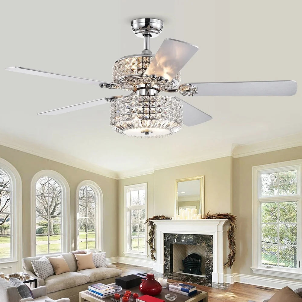 Elegant Chrome Lighted Ceiling Fan 52 Inch with Crystal Shades Remote Control Three Speed Motor Reversible Blades Six Lights