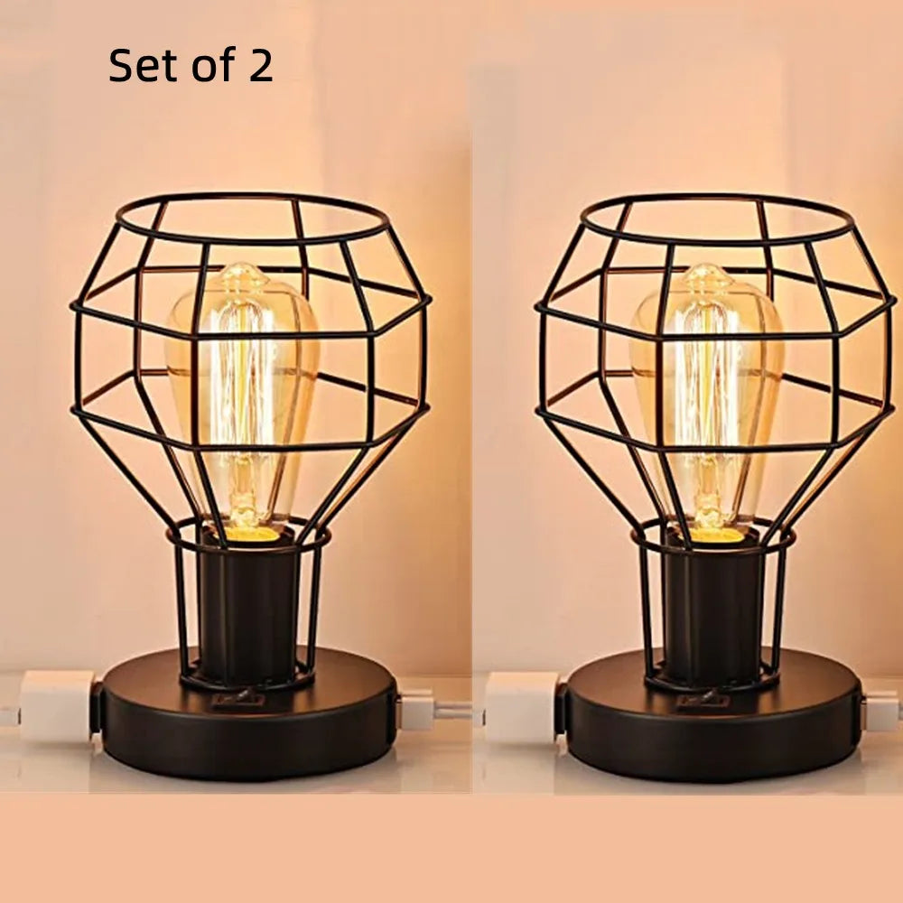 Industrial Table Lamp Small Desk Lamp with USB Charging Port Vintage Lamp with Outlet for Bedroom Living Room Nightstand 2 Sets