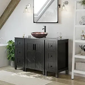 36" Black Bathroom Vanity With Sink Combo, Modern Cabinet With 3 Drawers, Grooved Doors & Metal Handles, Champagne Boat Tempere