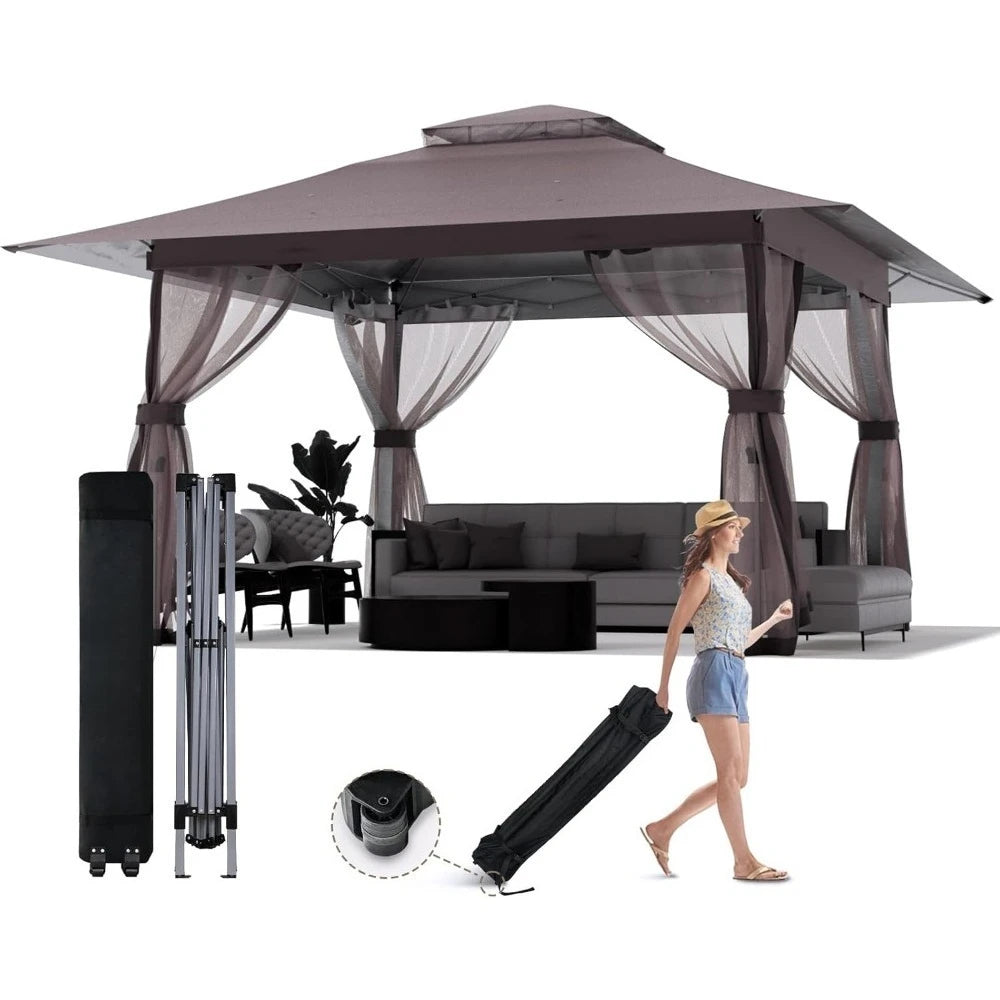 13x13 Outdoor Patio Gazebo with Mosquito Nettings - Double Roof Pop Up Canopy Tent with Wheeled Carry Bag, UV resistant Pergola