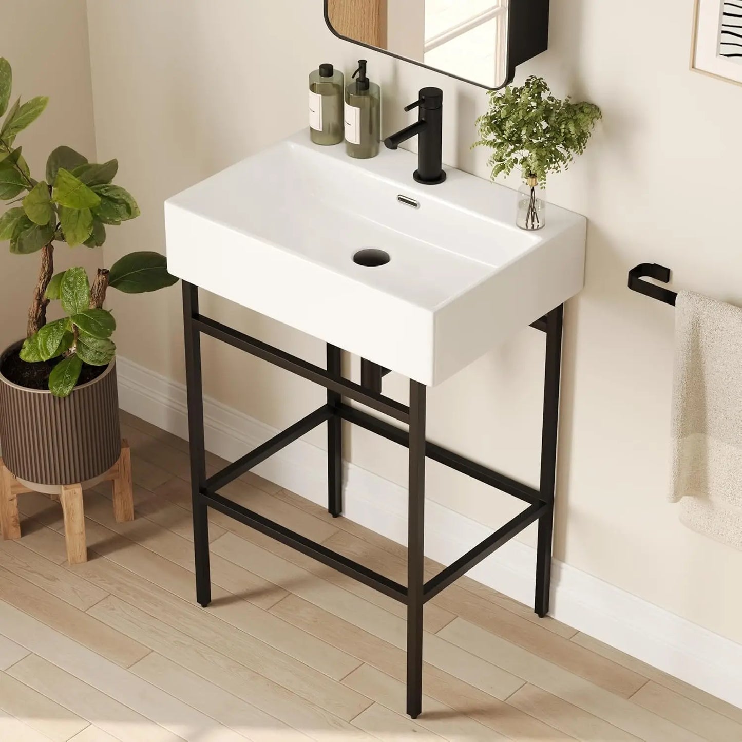 Bathroom Console Sink 32"x17" Free Standing 34 Inch Sink for Bathroom, White Vessel Ceramic Vanity Basin Modern Rectangular