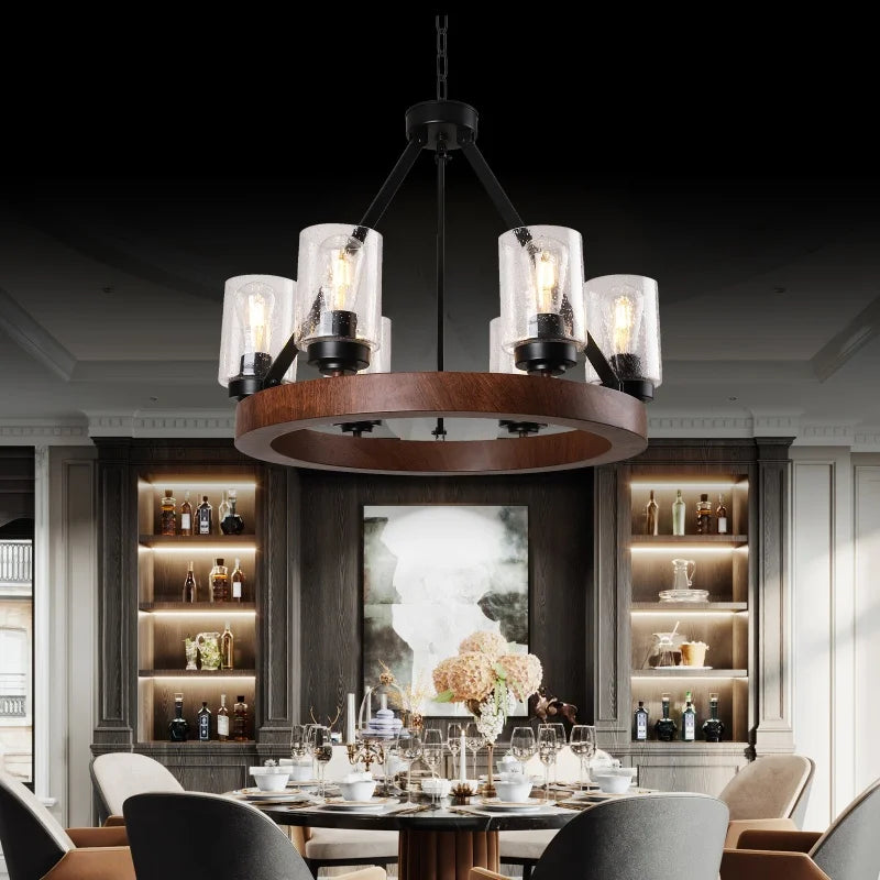 Large Rustic Chandelier with Glass Shades 6-Light Fixture Pendant Lamp for Dining Room and Bedroom Vintage Indoor Ceiling Lights