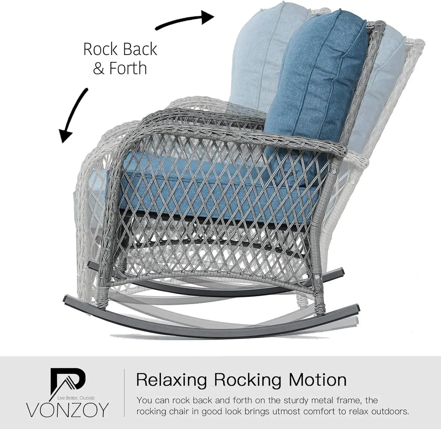 Patio Furniture Set 3 Pieces, Wicker Rocking Bistro Set with Thick Cushions, Outdoor Rocker Chairs and Coffee Table for Porch