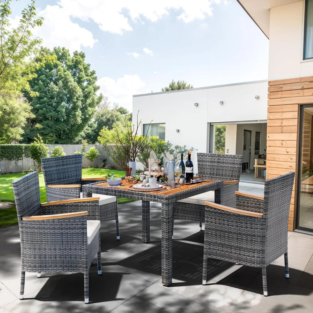 5 pieces patio dining set, wicker patio conversation set with wooden table top, outdoor table and chairs with soft cushions for