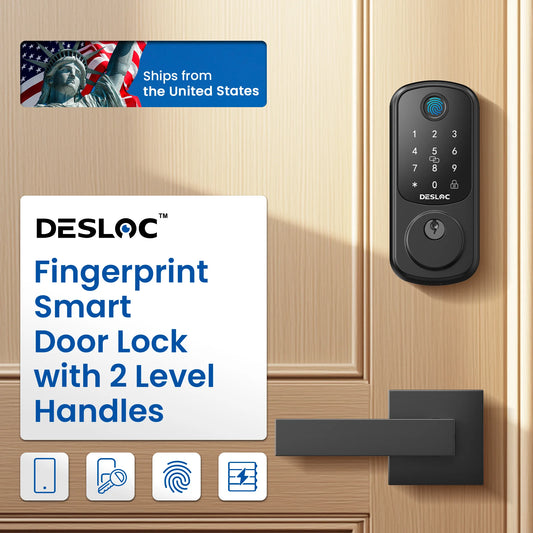 DESLOC Fingerprint Smart Door Lock with 2 Lever Handles, Electronic Keypad Deadbolt Lock, Emergency Power Port, Smart Lock