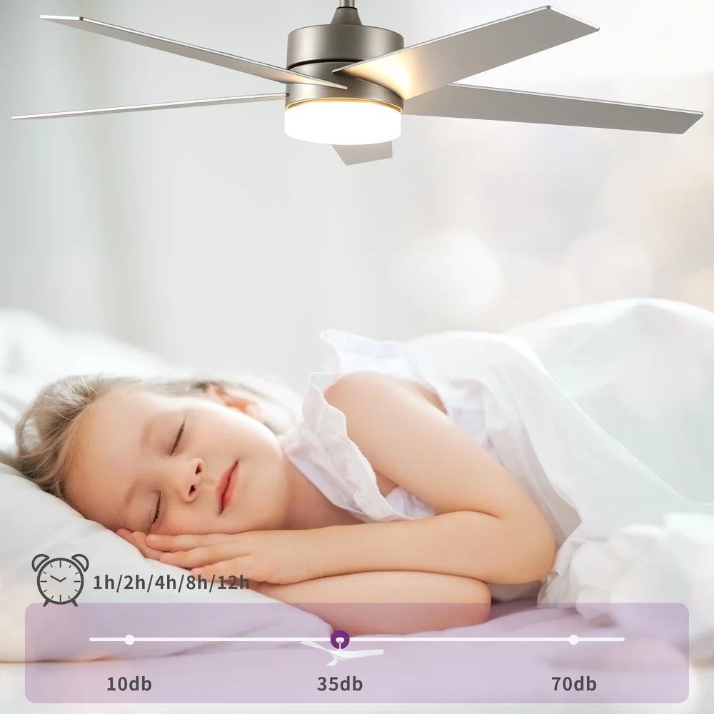 52 Inch Modern Ceiling Fan with Dimmable Light Remote Control 5 Blade Quiet Reversible Smart Timer Adjustable Speed Indoor Use