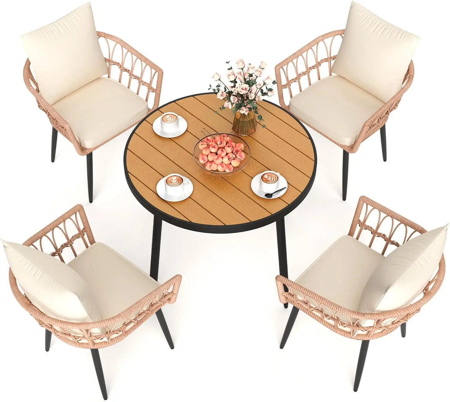 5 Pieces Patio Dining Set, All-Weather PE Rattan Patio Furniture Set with Wood Table Top, Outdoor Table and Chairs