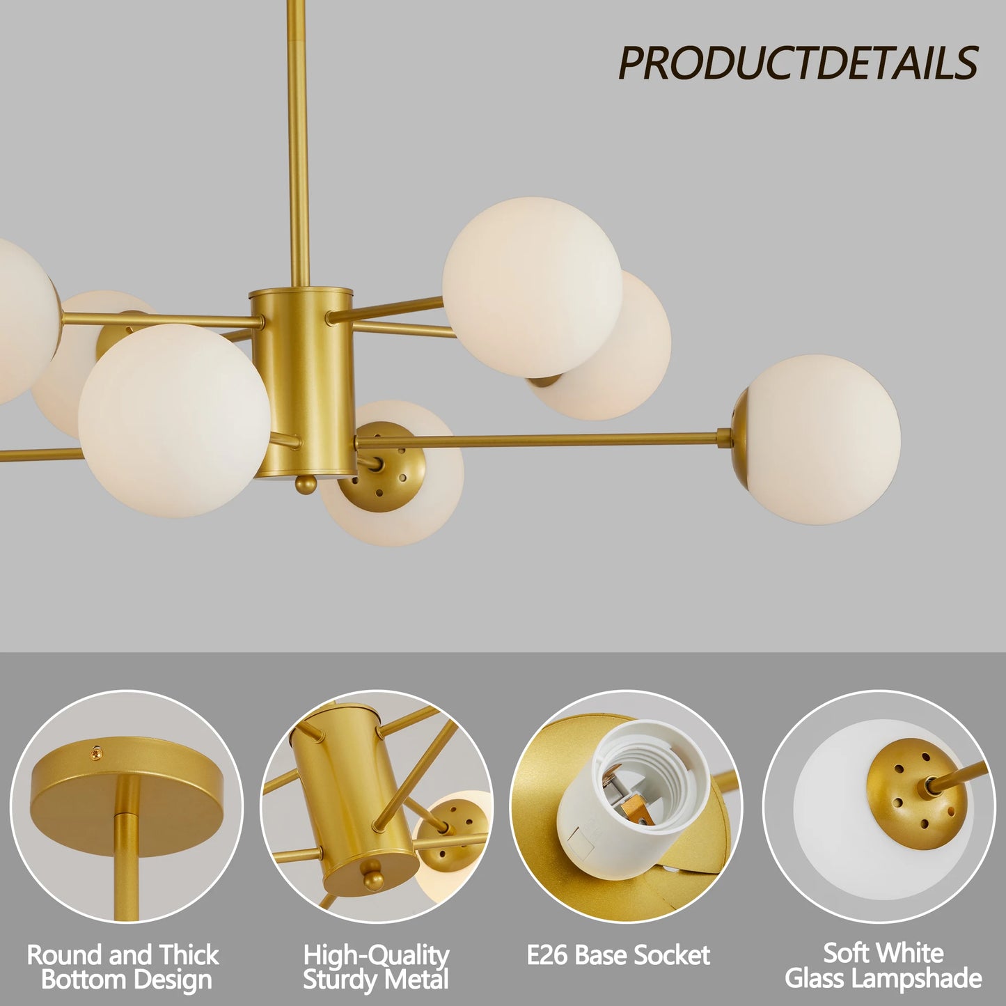 Modern 8-Light Gold Chandelier with White Glass Globe Shades, Elegant Ceiling Light Fixture (No Bulbs)
