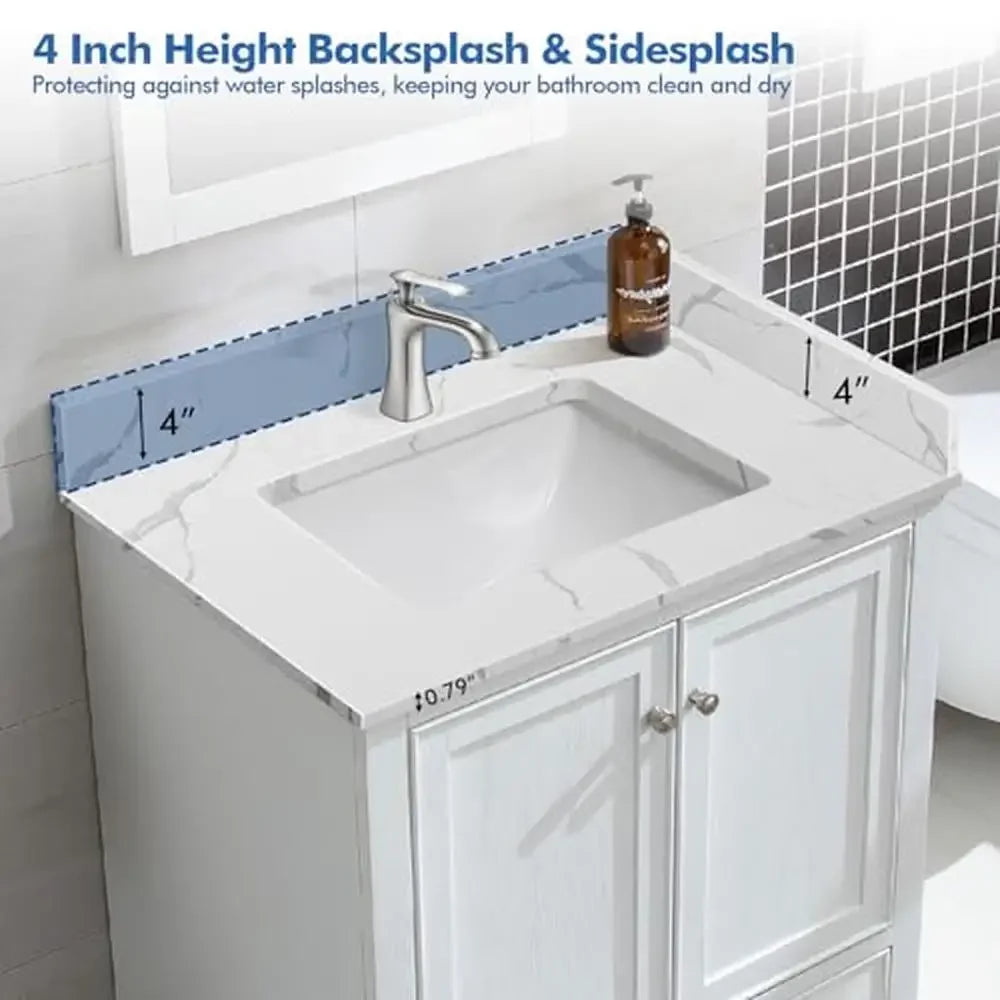 Quartz Calacatta River Vanity Top 30x22 with Sink & Sidesplash