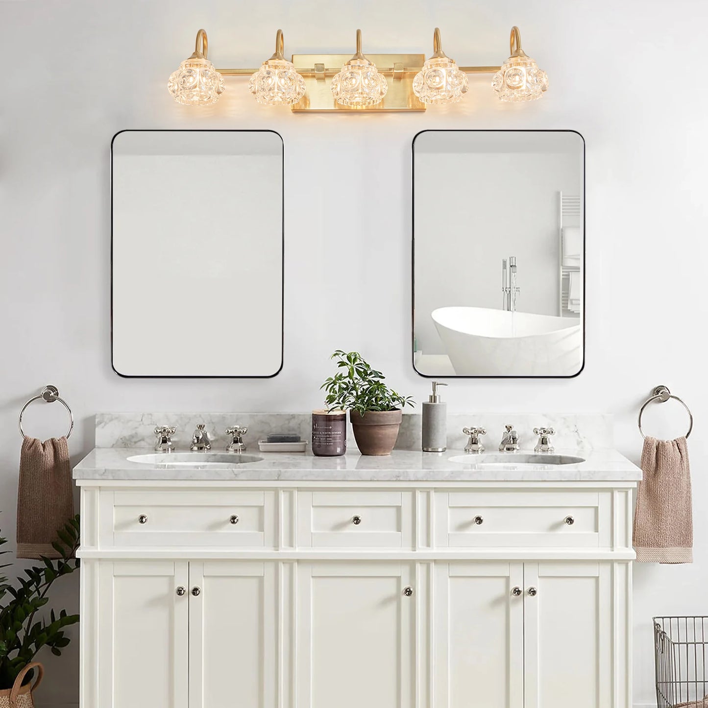 Modern Crystal Bathroom Vanity Light, 5-Light Golden Wall Sconce with Clear Glass Shade, Elegant Wall Mount Lighting(No Bulbs)