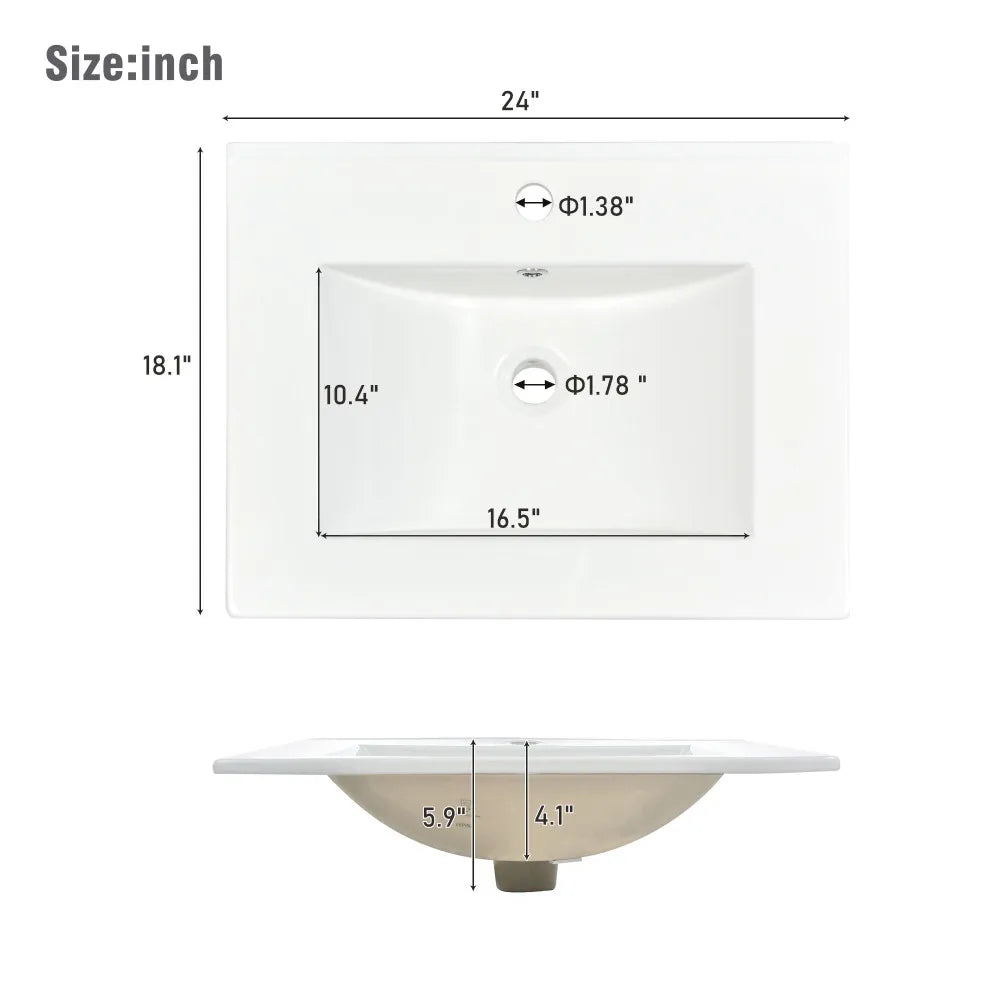 [Sink Only] 36x18" Rectangular 3 Hole Bathroom Resin Sink, Vanity Top ，Sink Only, Fits 4" Center Faucet,24x18 Inch,30x18"