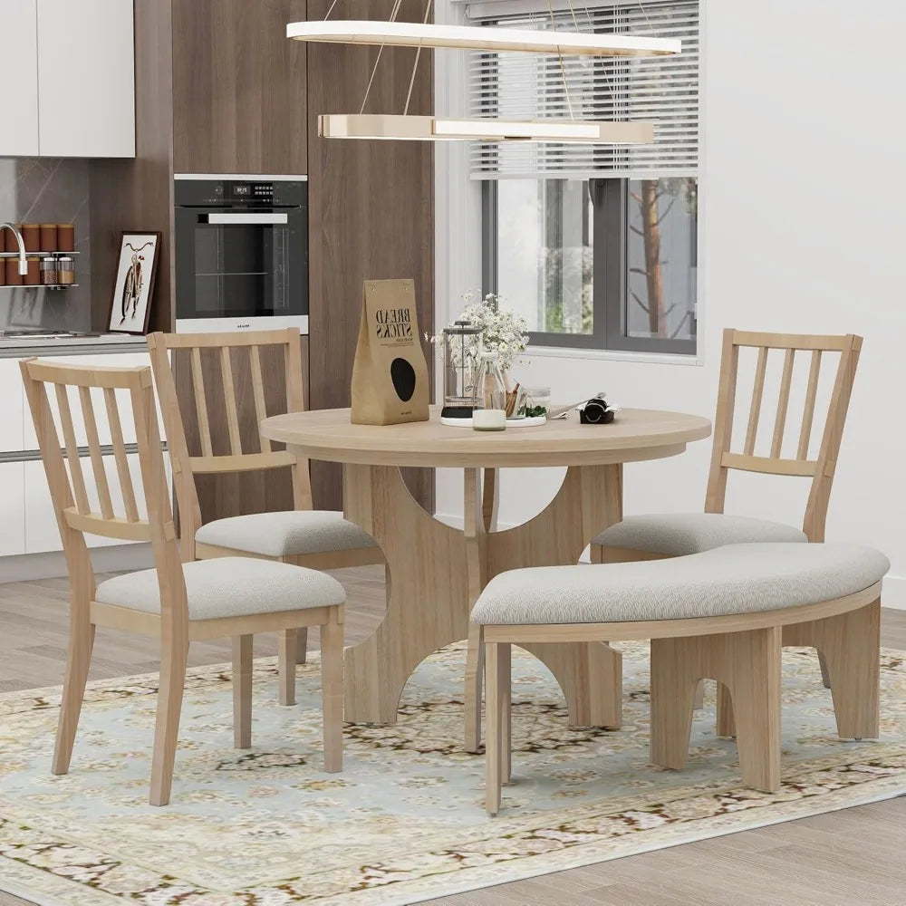 5-Piece Round Dining Table Set, Mid Century Modern Round Dining Table for 4-6 Person, Round Dinner Table with 4 Upholstered Chai
