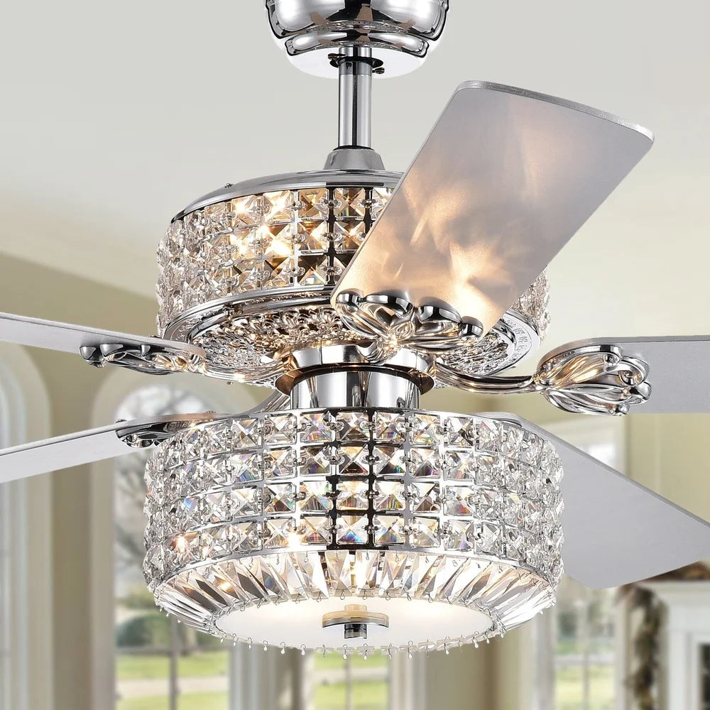 Elegant Chrome Lighted Ceiling Fan 52 Inch with Crystal Shades Remote Control Three Speed Motor Reversible Blades Six Lights