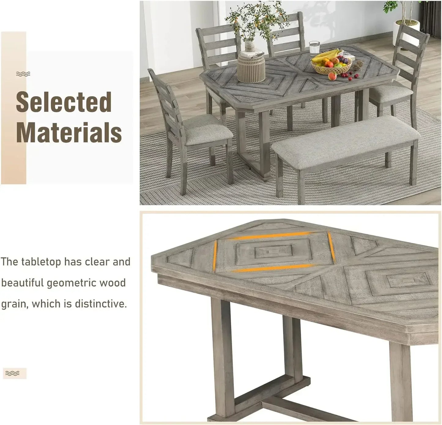 6-Piece Rubber Wood Dining Table Set with 4 Cushioned Chairs and Bench, Beautiful Wooden Grain Pattern Tabletop, Grey
