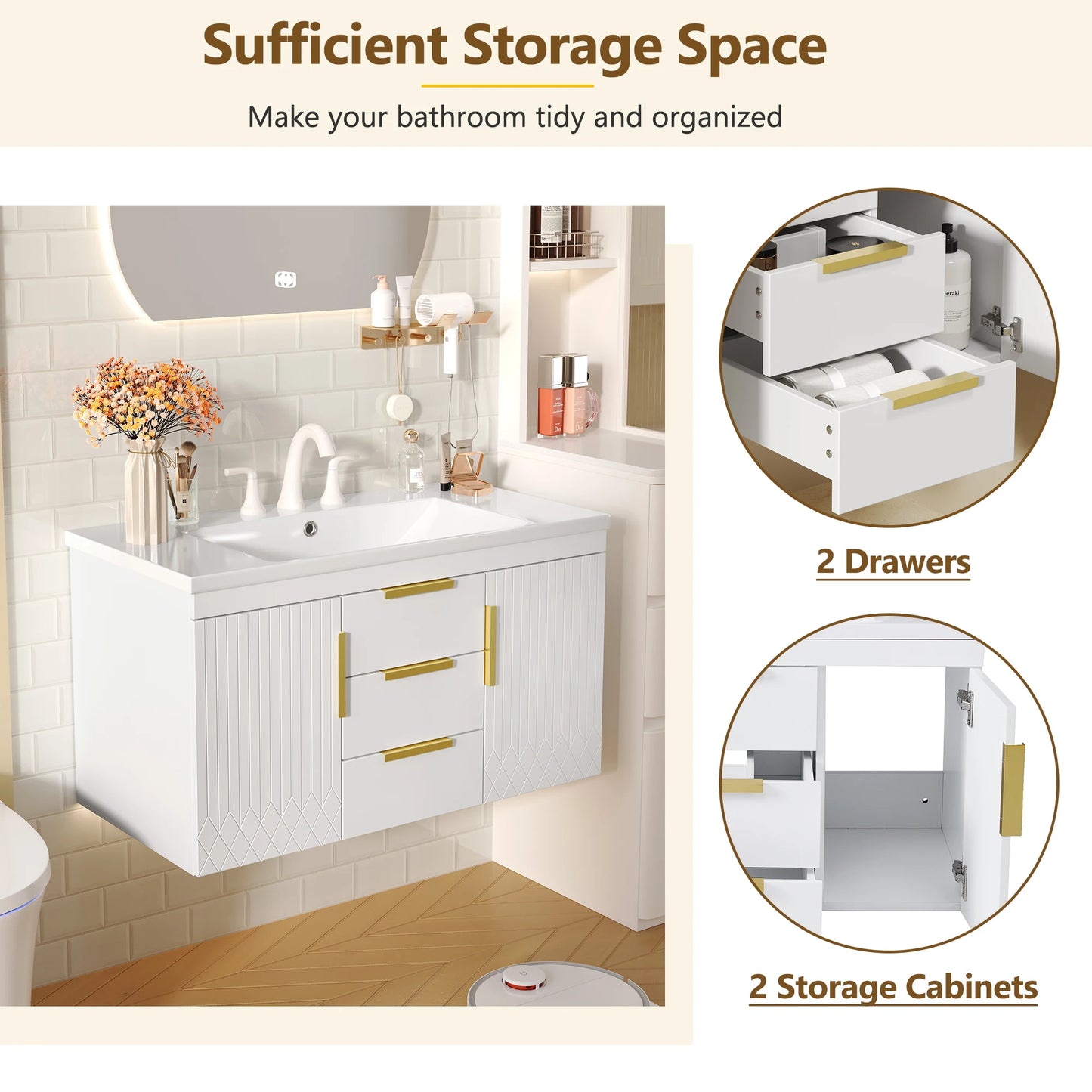 SH.KL 36'' Wall Mounted Bathroom Vanity, Bathroom Floating Vanity with Sink Combo, Storage Cabinet with 2 Drawers, Metal Handles
