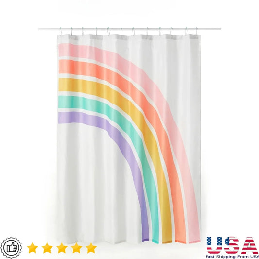 Kids Rainbow Shower Curtain with Hooks Waterproof Polyester 12 Buttonhole Design Fun Bath Time Accessory Standard Size