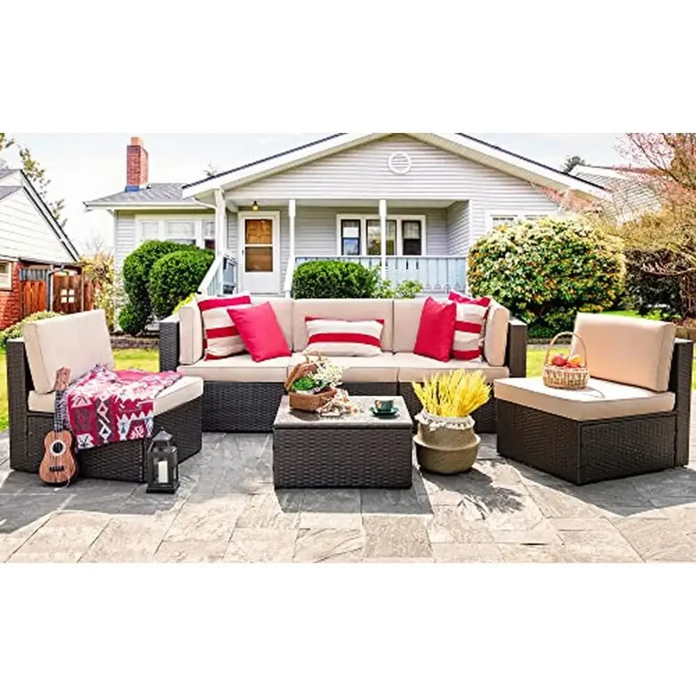 Outdoor Patio Furniture Set Wicker Rattan Sectional Sofa Glass Coffee Table Beige Cushions Gift Seat